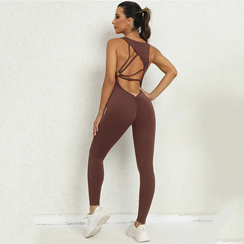 Women Slim Fit One-Pieces Yoga Set Backless One Piece Jumpsuit Workout Scrunch Shorts Bodysuit Gym Bodycon Sport Fitness Romper